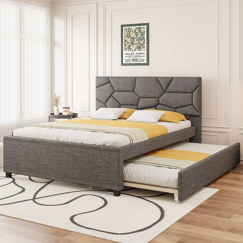 Queen Size Upholstered Platform Bed with Brick Pattern Headboard and Twin XL Size Trundle, Linen Fabric, Gray - Gray
