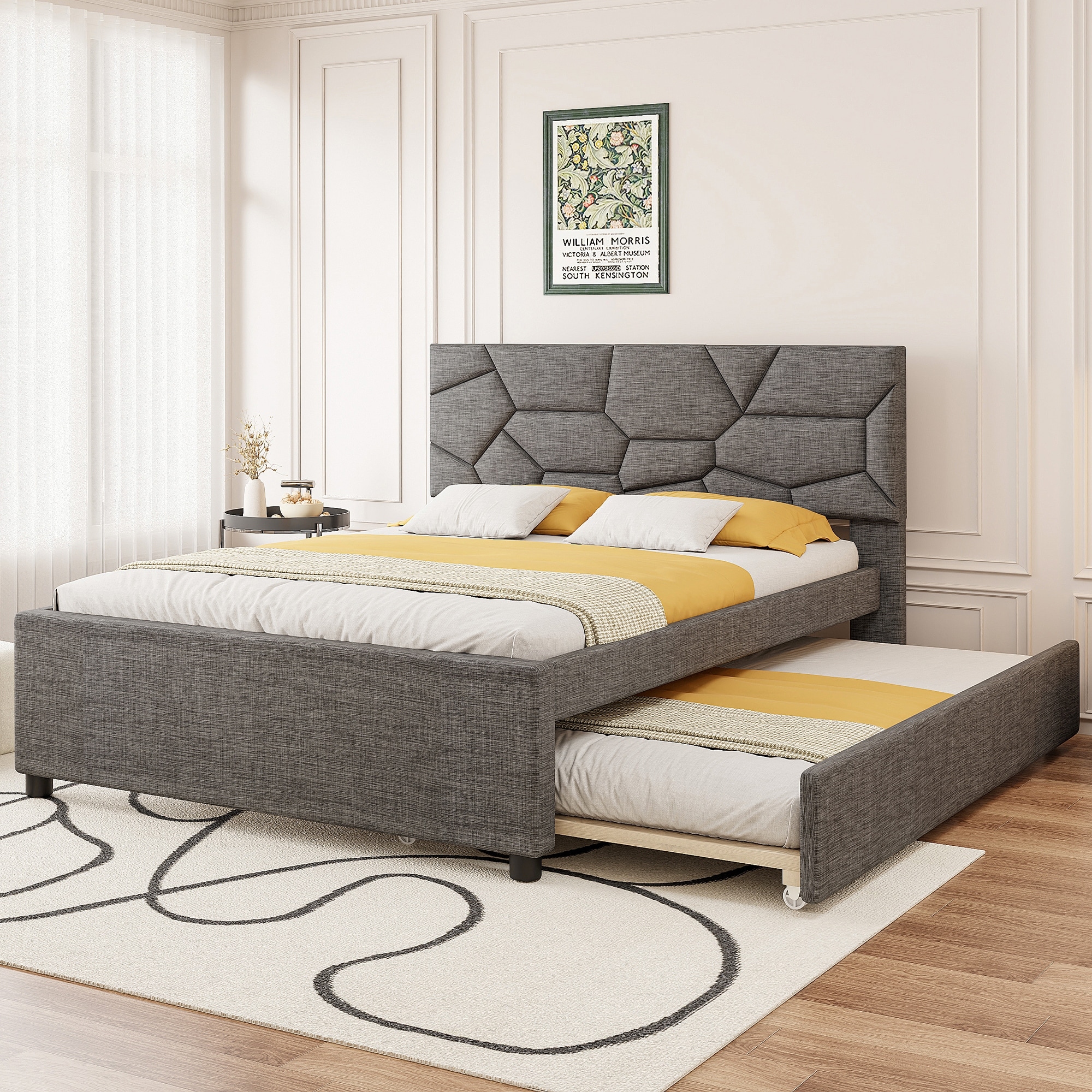 Queen Size Upholstered Platform Bed with Brick Pattern Headboard and Twin XL Size Trundle, Linen Fabric, Gray