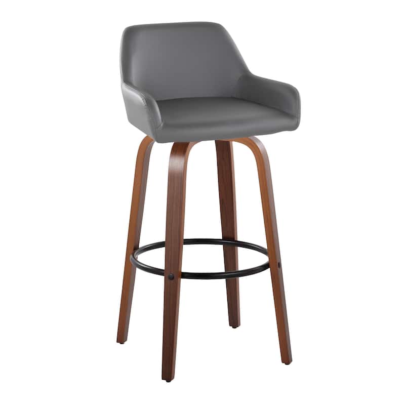 Porch & Den Galotti 30" Fixed-Height Bar Stool with Bent Wood Legs & Round Footrest (Set of 2) - Grey Faux Leather/Walnut/Black Metal