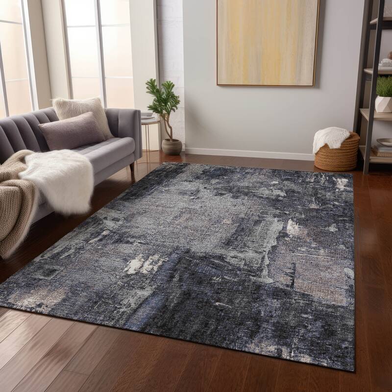 Machine Washable Indoor/ Outdoor Abstract Imprints Chantille Rug - Charcoal - 9' x 12'