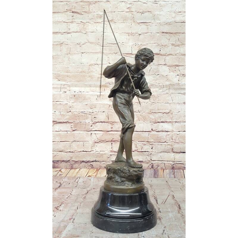Bronze Sculpture Of A Boy Fishing By Rancoulet - Handmade Statue On Marble Base