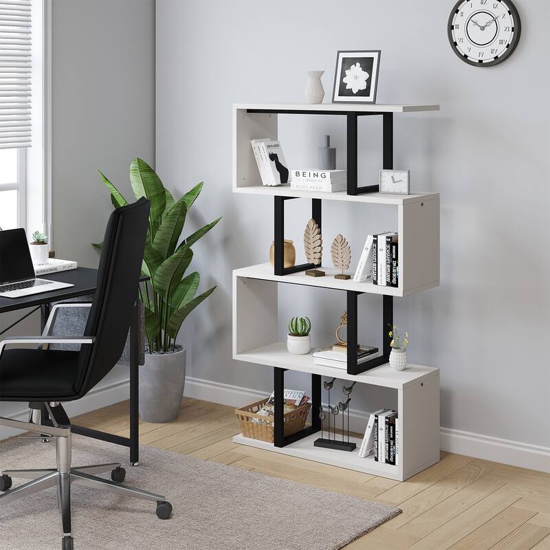 Hermoth Wood 5 Tiers Bookshelf S-Shaped Z-Shelf Style Bookcase Storage Display