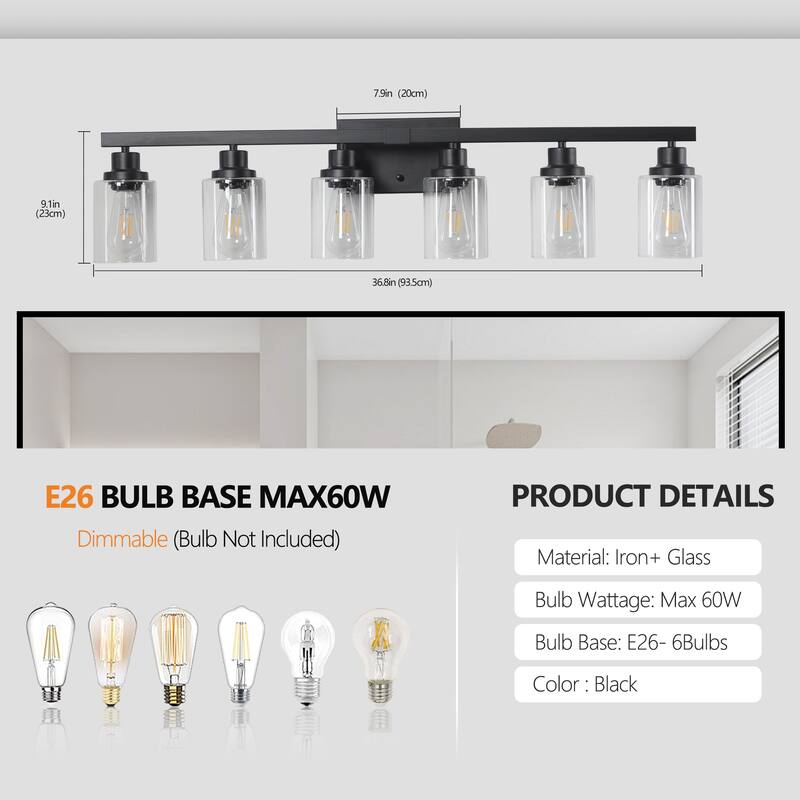 37" 6-Light Vanity Light with Clear Glass Shades, Modern Iron Metal Bathroom Wall Fixture for Mirror(No Bulbs)