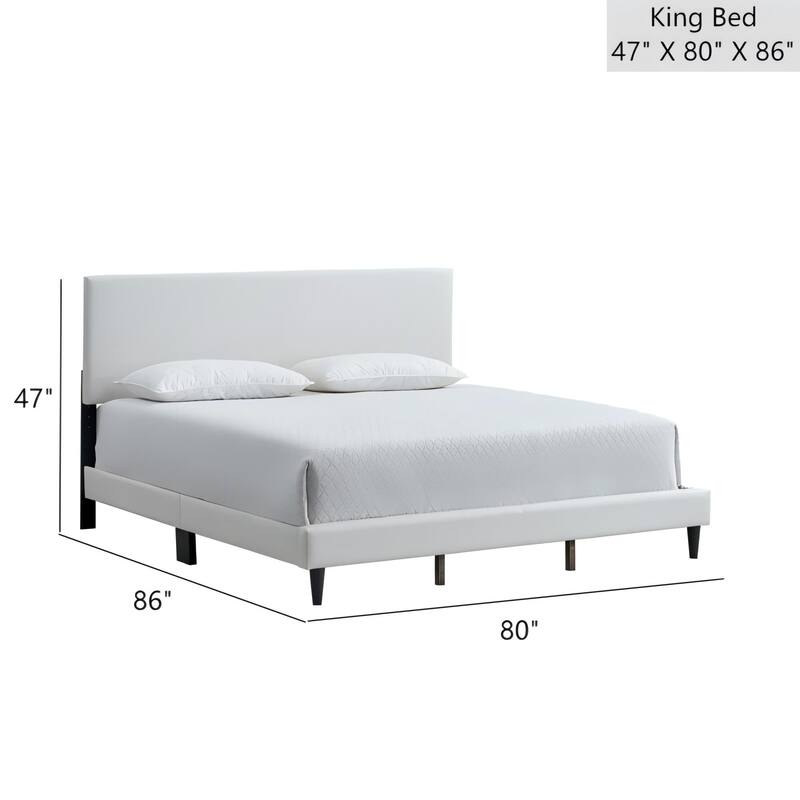 King Bed in White Faux Leather with Adjustable Headboard