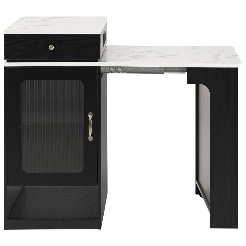 Kitchen Island with Extendable Dining Table, Kitchen Storage Table with 2 Drawers, Power Outlet, Open Shelves, for Diningroom