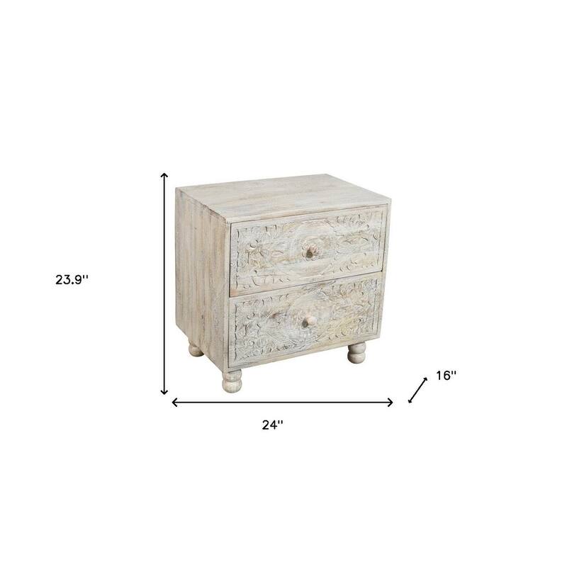 HomeRoots 24" Natural And White Solid Wood Distressed Carved Scrollwork Two Drawer Nightstand