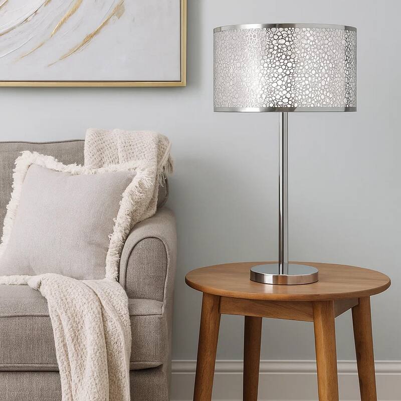 27 Inch Table Lamp with Metal and Fabric Shade, Sleek Chrome Finish