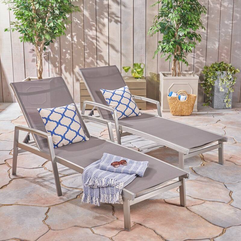 2 Piece Outdoor Chaise Lounges Set Breathable Mesh Seats with Adjustable Backrest for Poolside Garden - Grey