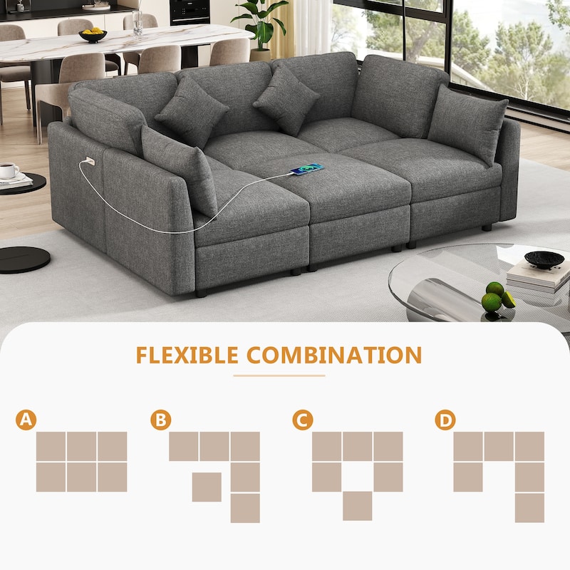 L-Shaped Modular Sectional Sofa Convertible U-Shaped Sofa Bed with Movable Ottoman and 2 USB Ports, 2 Pillows, Chenille 5 Seat