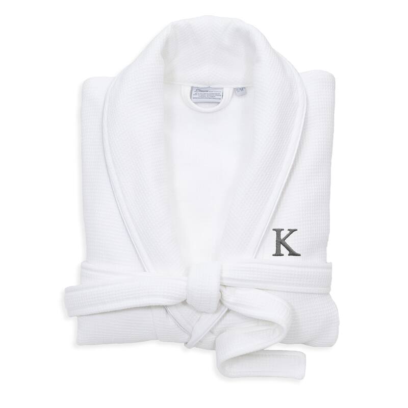 Authentic Hotel and Spa White Unisex Turkish Cotton Waffle Weave Terry Bath Robe with Grey Block Monogram - S/M - K