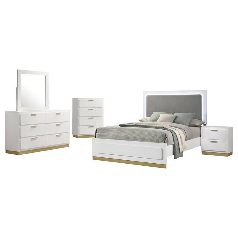 Caer 5pc Queen Bedroom Set in White, Gold Accents, Gray Upholstery
