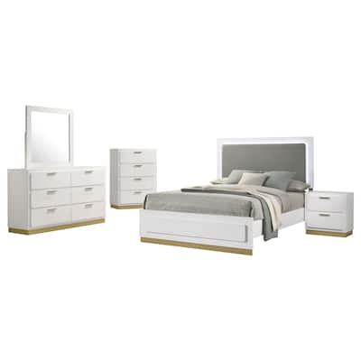 Caer 5pc Queen Bedroom Set in White, Gold Accents, Gray Upholstery