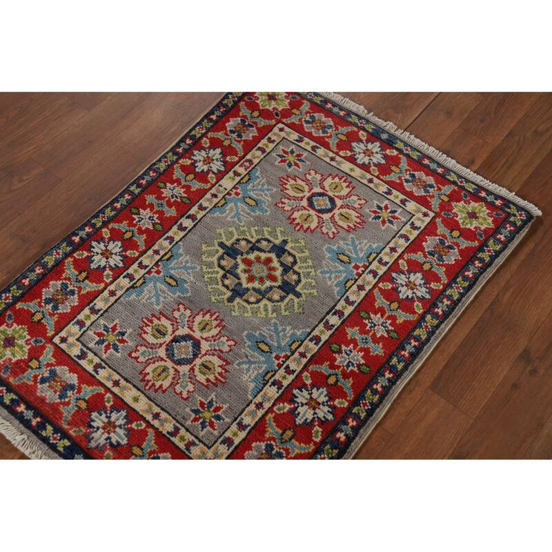 Hand Knotted Oriental 100% Wool Carpet Traditional Geometric Greys & Charcoal Kazak Area Rug - 2' 9'' X 2' 1''