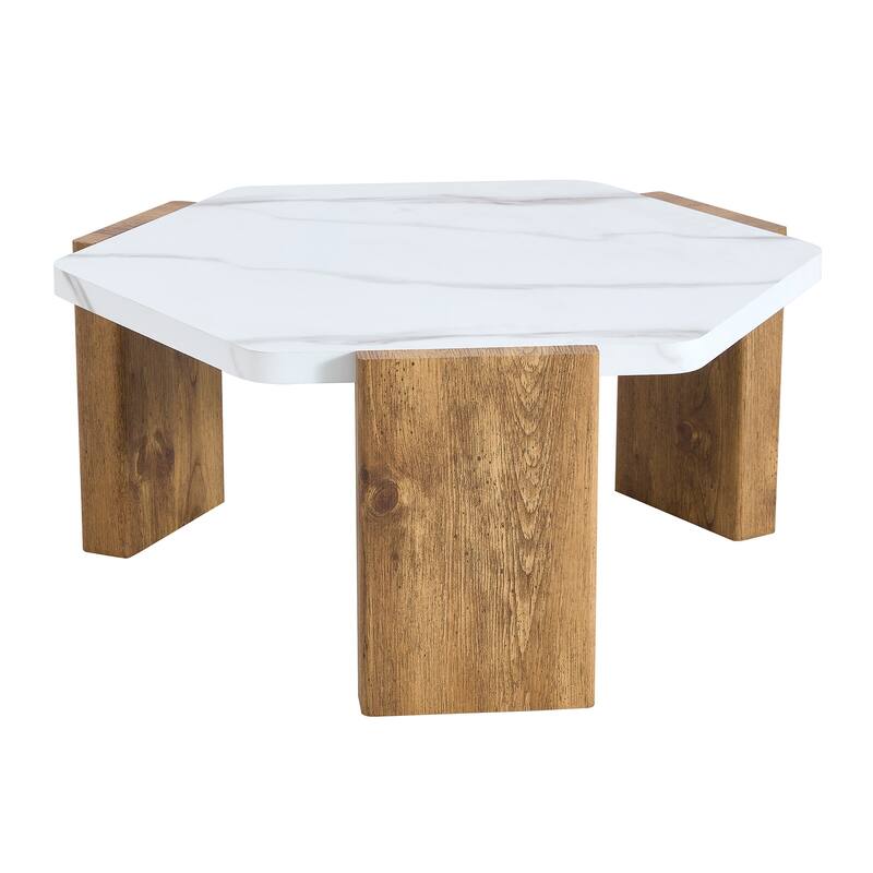 Faux Marble Top Hexagon Coffee Table Cocktail Table with Wooden Triangular Base