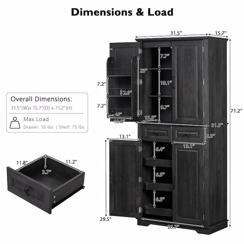 71" Tall Kitchen Pantry Cabinet with 3 Pull-Out Cabinet Organizers