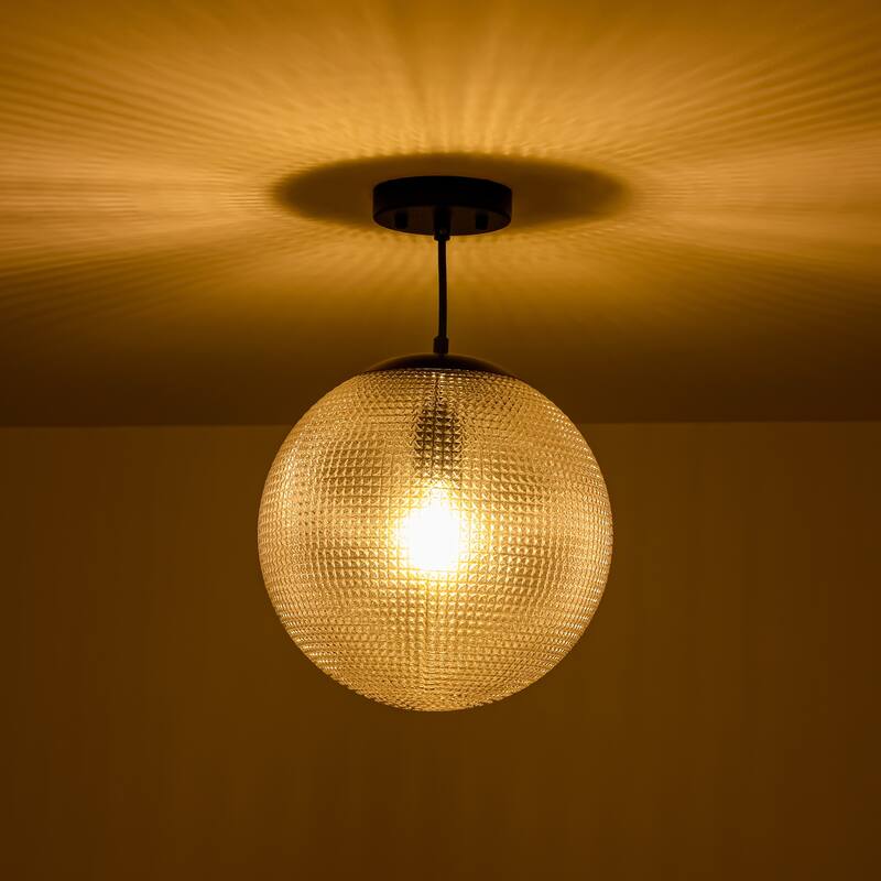 1-Light Modern Indoor Matte Black Finish Kitchen Island Pendant Lights with Globe Diamond Textured Grey/Clear Glass Shade