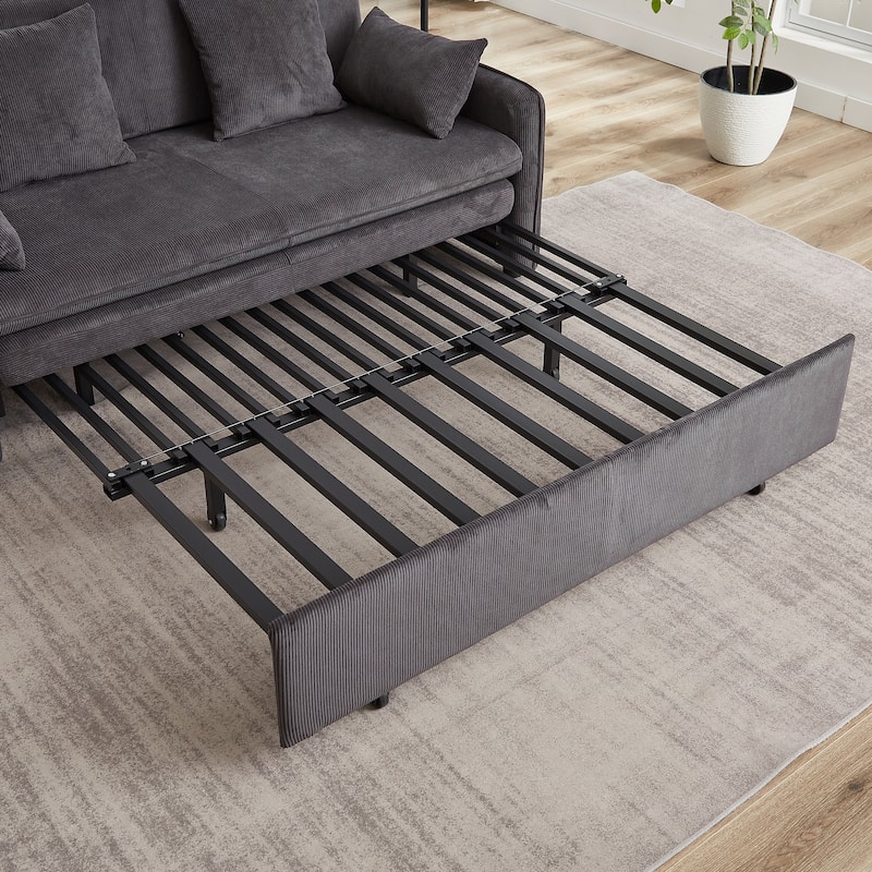 3-in-1 Pull Out Sleeper Sofa Bed, Convertible Corduroy Loveseat Couch with Casters, 4 Pillows and Side Pockets for Living Room