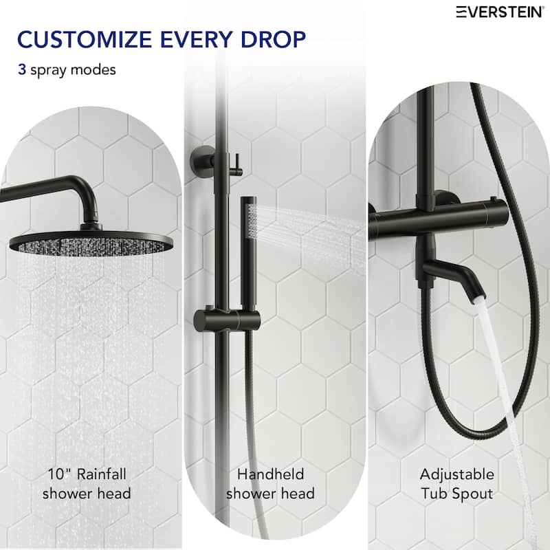 Height Adjustable Thermostatic Shower System with Tub Spout, 10" Rain Shower Head, Hand Shower, Brass Valve