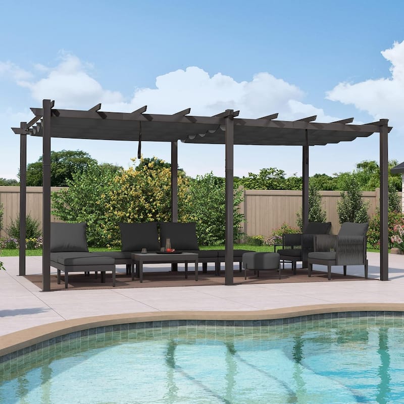 PURPLE LEAF Gazebo Outdoor Retractable Modern Yard Metal Grape Trellis Pergola with Canopy. - 12ft x 18ft - Grey