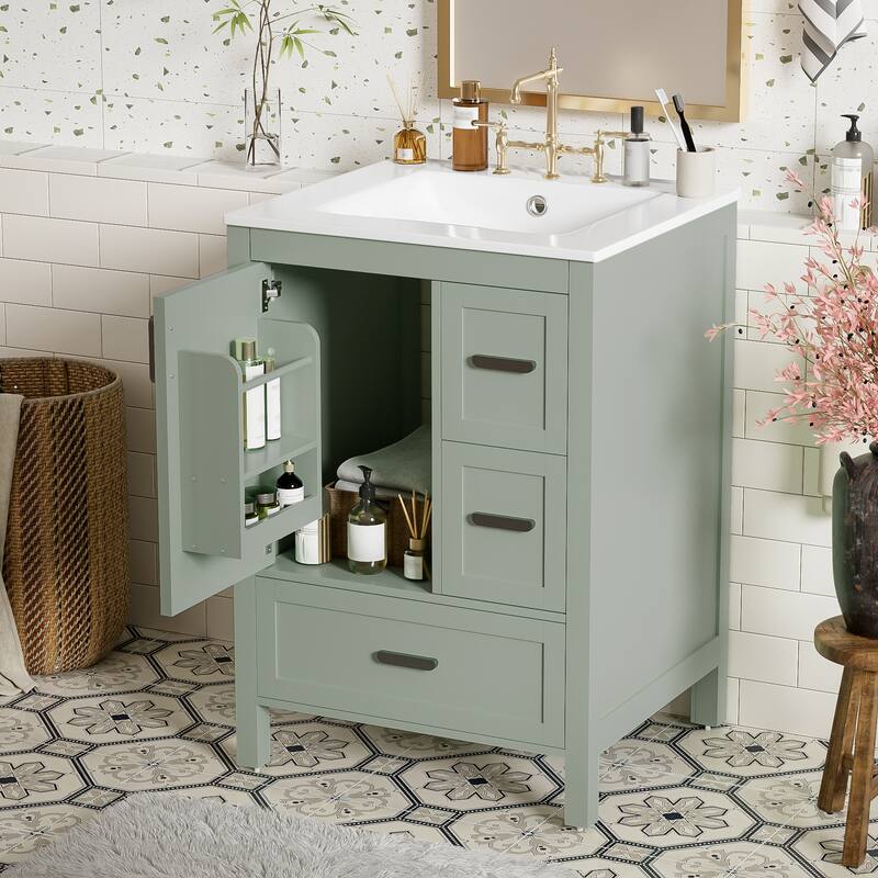 GDFStudio - Maple Modern Freestanding Bathroom Vanity with Ceramic Sink, Soft Close Door and Multi Drawer Storage