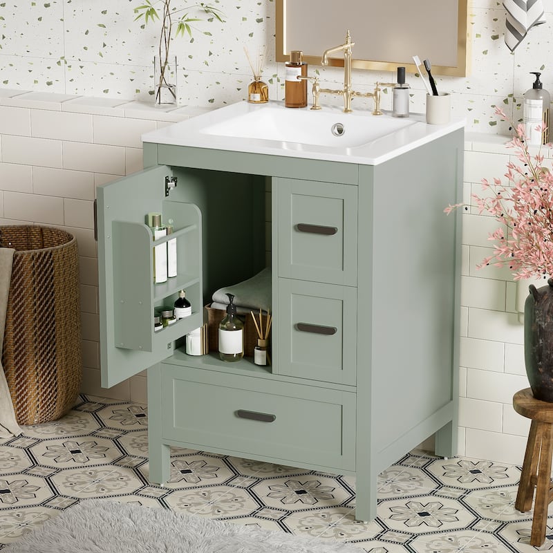 Solid Wood Frame Bathroom Vanity Cabinet with Ceramic Sink, Space-Saving 24-Inch Vanity