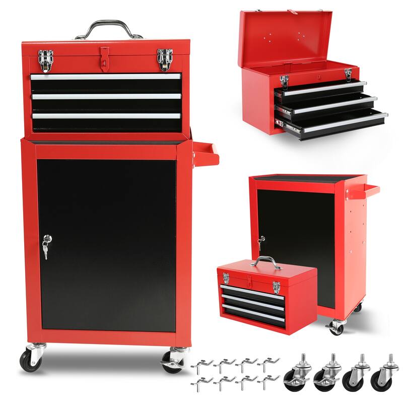 Detachable 3 Drawer Tool Chest w/Storage Cabinet and Adjustable Shelf - 3-Drawer