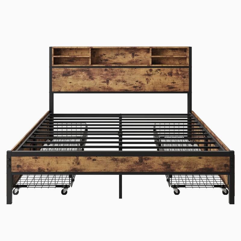 Queen Size Metal Platform Bed with Storage Drawers, Wooden Headboard, and Charging Station, Easy Assembly, Brown