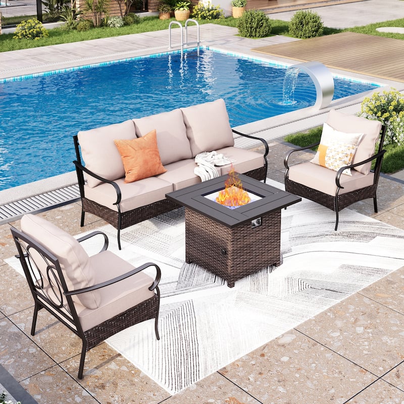 MAISON ARTS Oversized 6-Piece Outdoor Patio Set with Fire Pit - 3-Seater Sofa, 2-Seater Sofa, Swivel Chairs, Ottomans (Beige) - Fixed Chairs - 5Seats