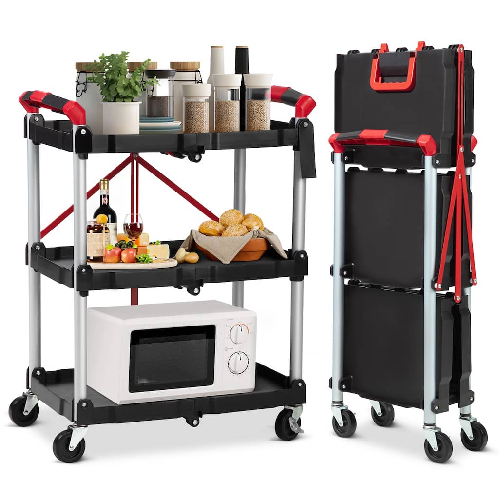 Portable Folding Service Cart, 3 Tier Folding Utility Cart