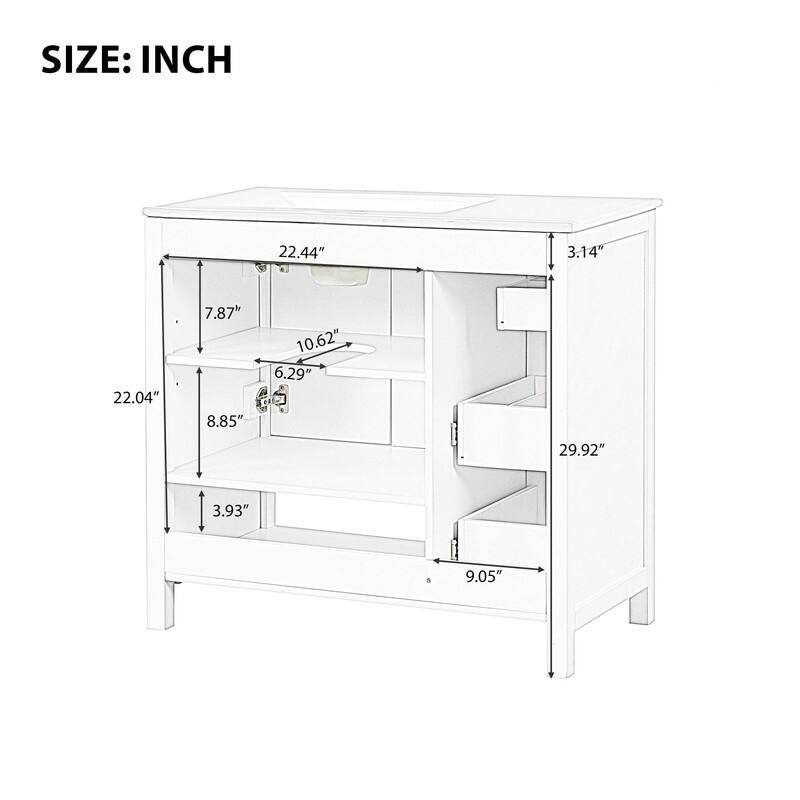 36"W Bathroom Vanity with Ceramic Top, Bathroom Vanity with Drawer Divider, Freestanding Cabinet with Open Shelf