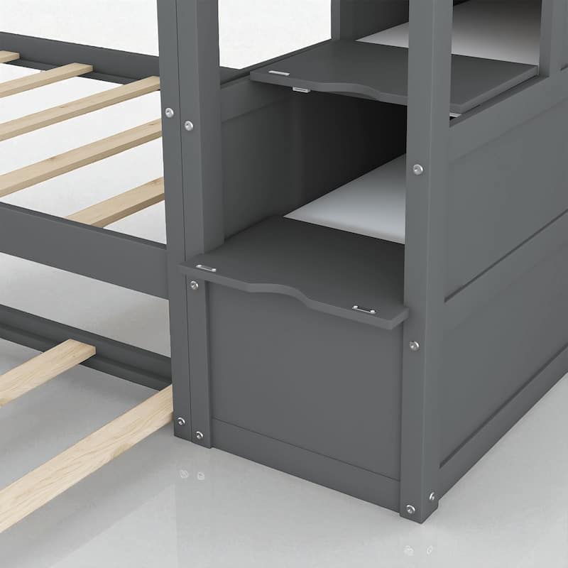 Twin Over Twin Bunk Bed with Trundle and 3 Storage Stairs, Solid Wood Frame, No Box Spring Required