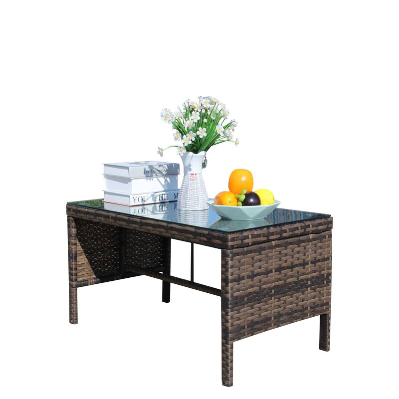 Anmytek Brown Wicker Patio Coffee Table with Tempered Glass Top, Rustic Modern Outdoor Furniture for Garden, Porch & Backyard