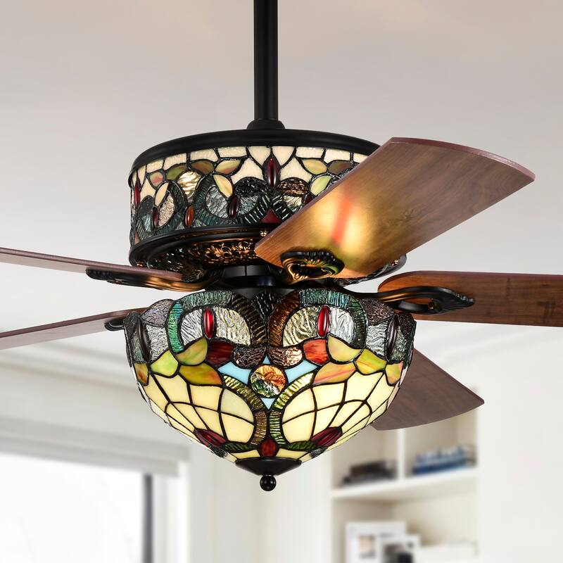 Inio 5-Blade Lighted Ceiling Fan 2-Tier Tiffany Style Glass