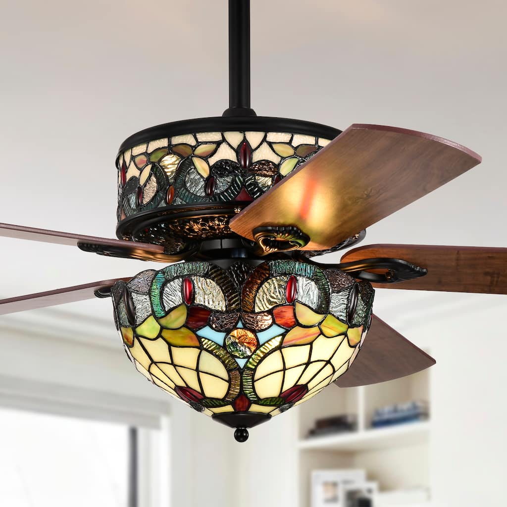 Inio 5-Blade Lighted Ceiling Fan 2-Tier Tiffany Style Glass
