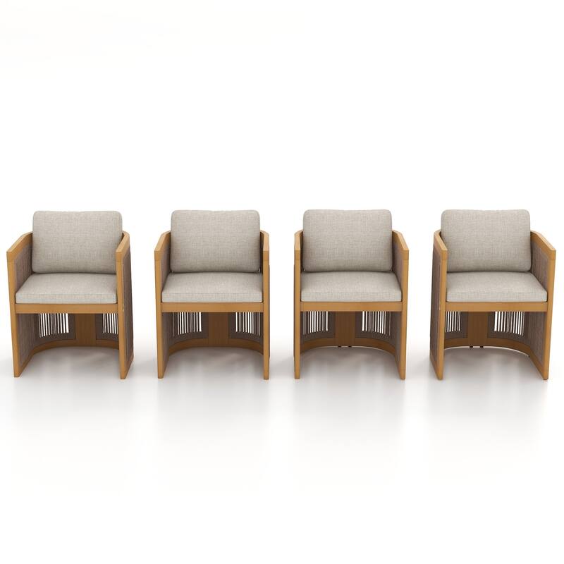 Outdoor Wooden Rope Woven Armchairs with Olefin Cushions, Set of 4