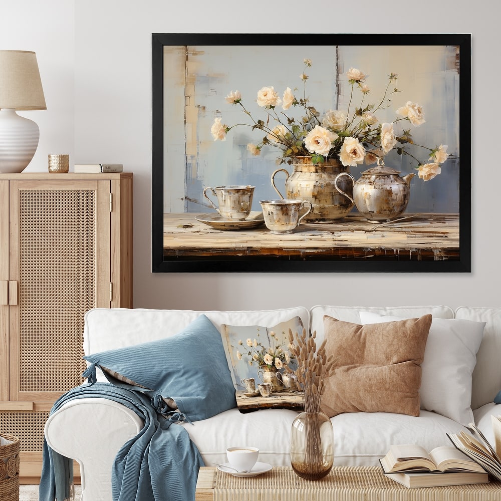 Designart "Food Coffee Tea II" Floral Framed Wall Art Living Room