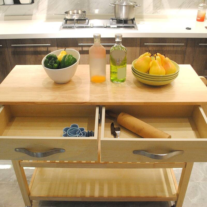 Simple Design Kitchen Cart with Two Lockable Wheels, Rubber Wood Top
