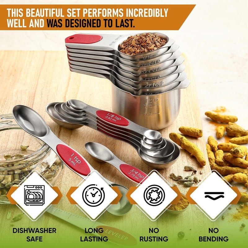 Magnetic Measuring Cups & Spoons Set, Strong Magnets, Set of 15 - Set of 15