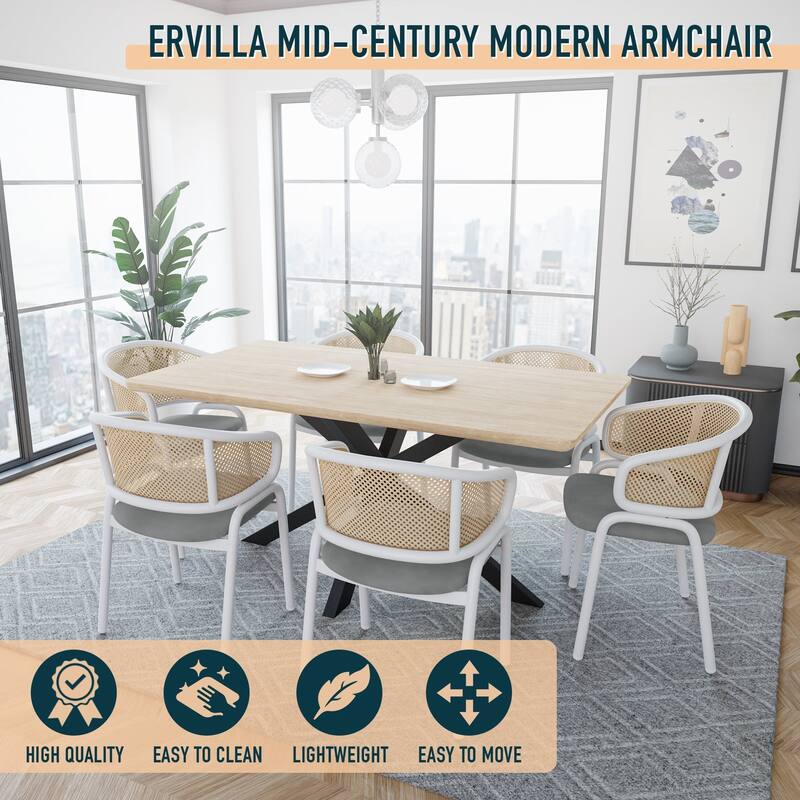 LeisureMod Set of 2 Minimalist Leather Dining Chairs with Wicker Back in Steel Frame - Side Chair for Home Office & Kitchen