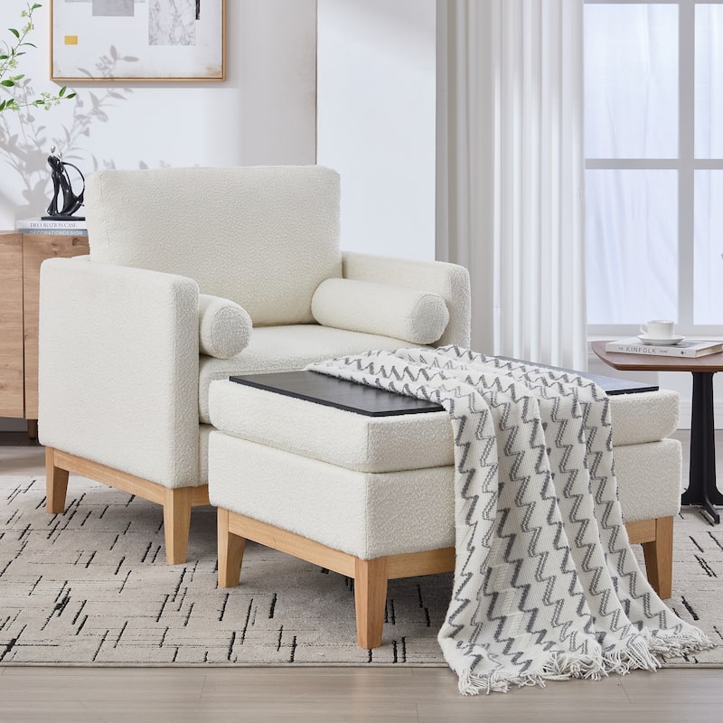 Boucle Farmhouse Armchair Set with Storage Ottoman and Natural Wood Legs