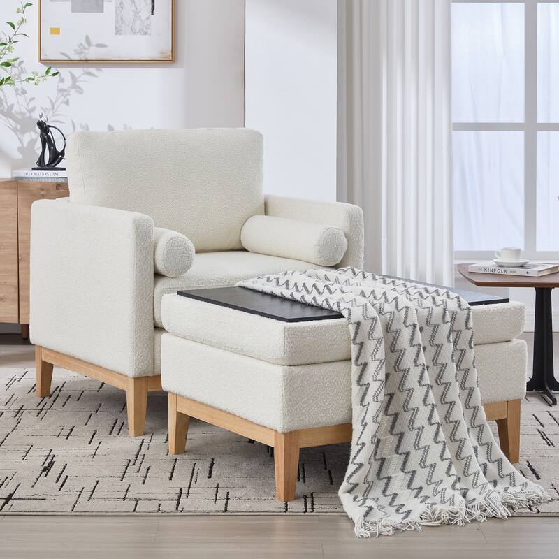 Roomfitters Boucle Arm Chair with Ottoman, Farmhouse Upholstered Wood Base Accent Chair and Reversible Lid Coffee Table