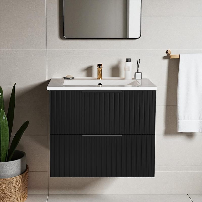 24 Inch Floating Bathroom Vanity with Ceramic Sink, Wall Mounted Modern Fluted Cabinet with 2 Drawers - Matte Black