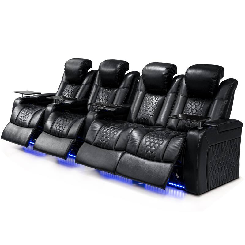 Roomfitters 124.4" Power Recliner 4-Piece Set, Top-Grain Nappa Leather, 21-Color RGB LED & USB-C Charging, Black