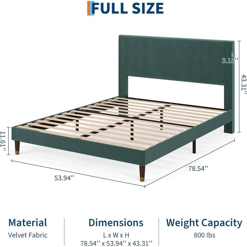 Soft Corduroy Fabric Platform Bed Frame with Upholstered Headboard, Dark Green