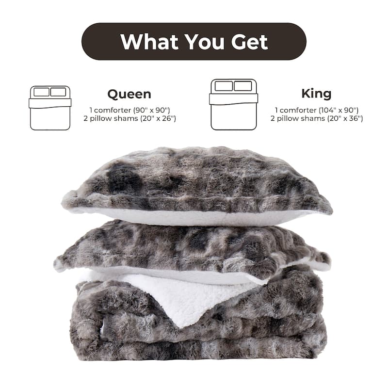 3 Pieces Fluffy Faux Rabbit Fur Comforter Set, Plush Fuzzy Bedding Set for Winter