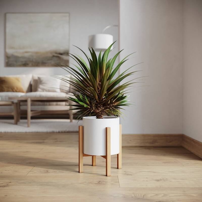 Raya White Mid-Century Modern Planter with 4-Leg Wood Base - 12" H  x 10" W - White