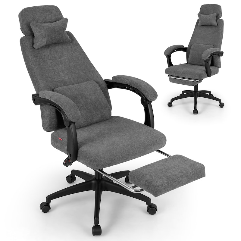 Gymax Reclining Home Office Chair Retractable Footrest High-Back - Grey