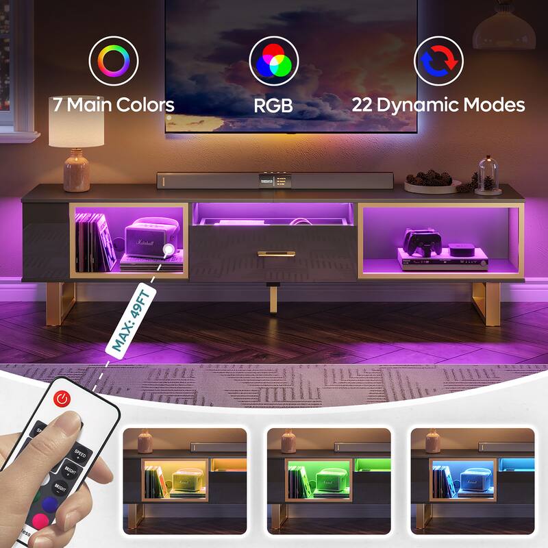 70" Led TV Stand for 75/80 inch TV, Glossy Media Console with Half-Glass Drawer