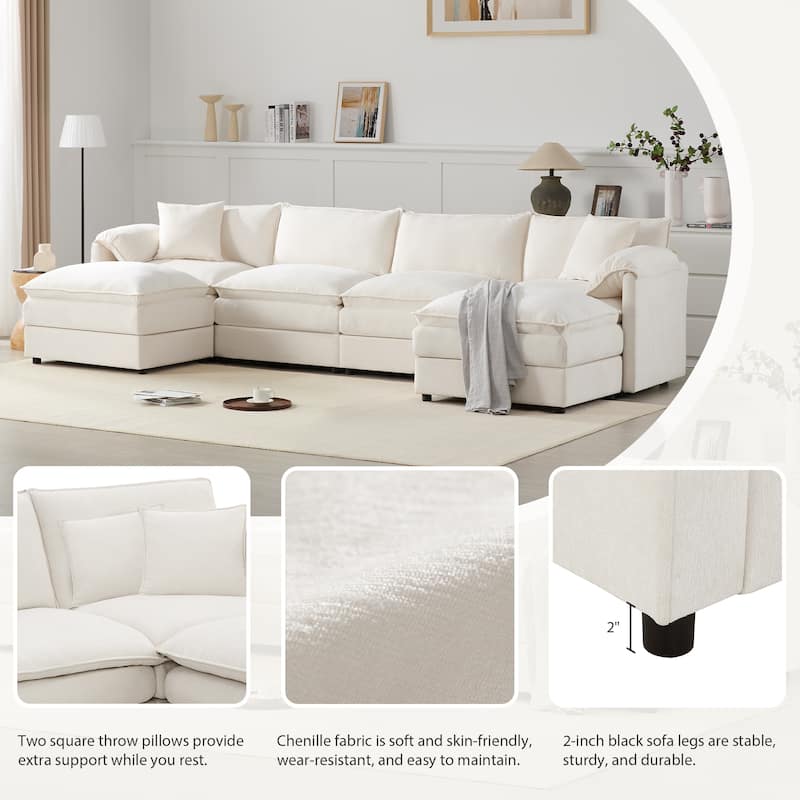 136" U-Shaped Chenille Cloud Sectional Sofa with Dual Ottomans