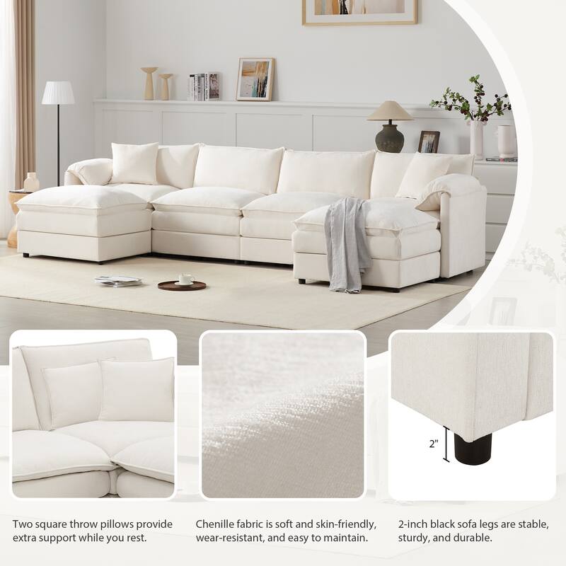 136" U-Shaped Chenille Sectional Sofa with 6-Seat Cloud Couch and Dual Ottomans & Pocket Springs (330lb Capacity)